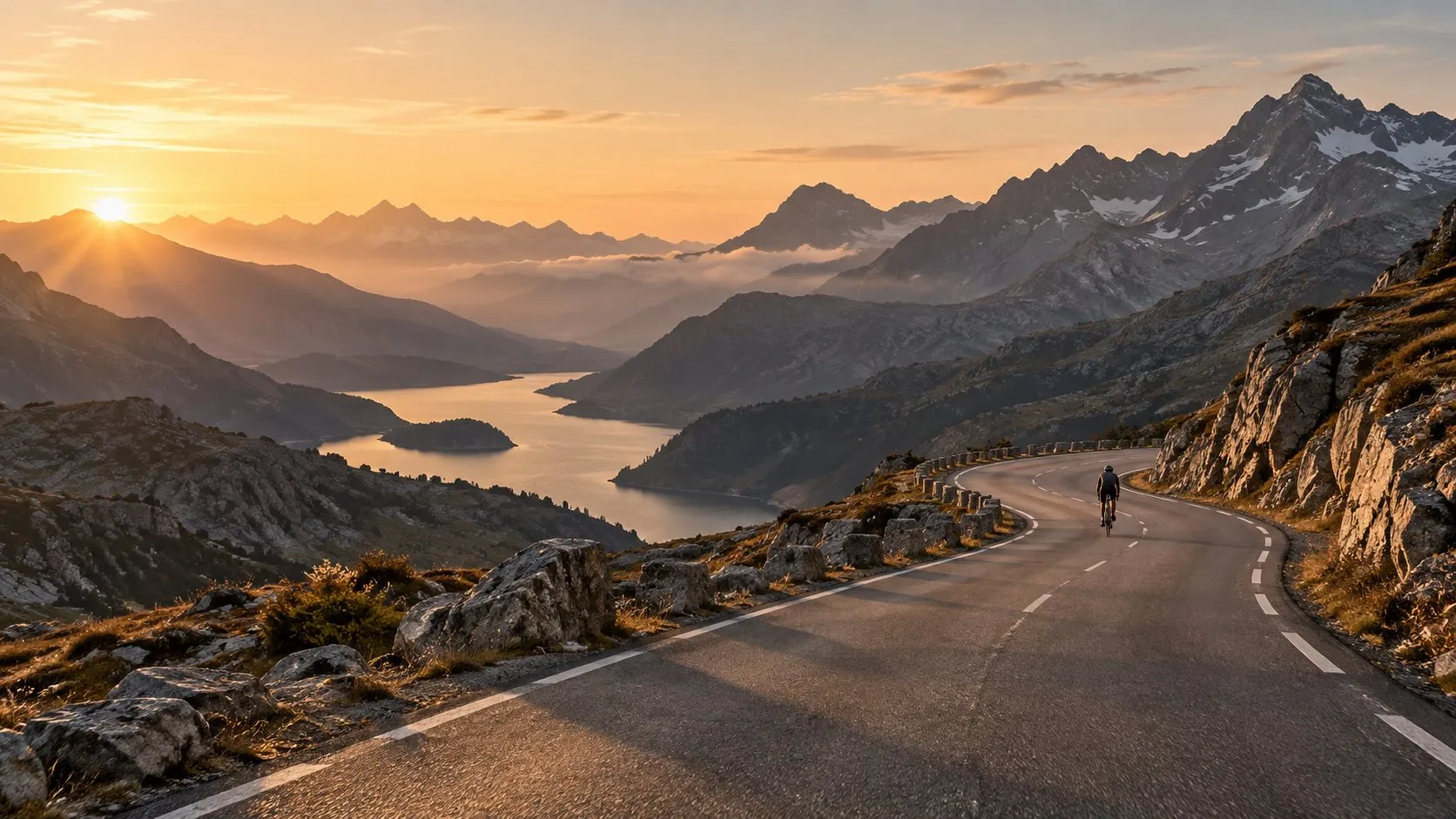 An unidentified cyclist on a winding mountain road at sunrise