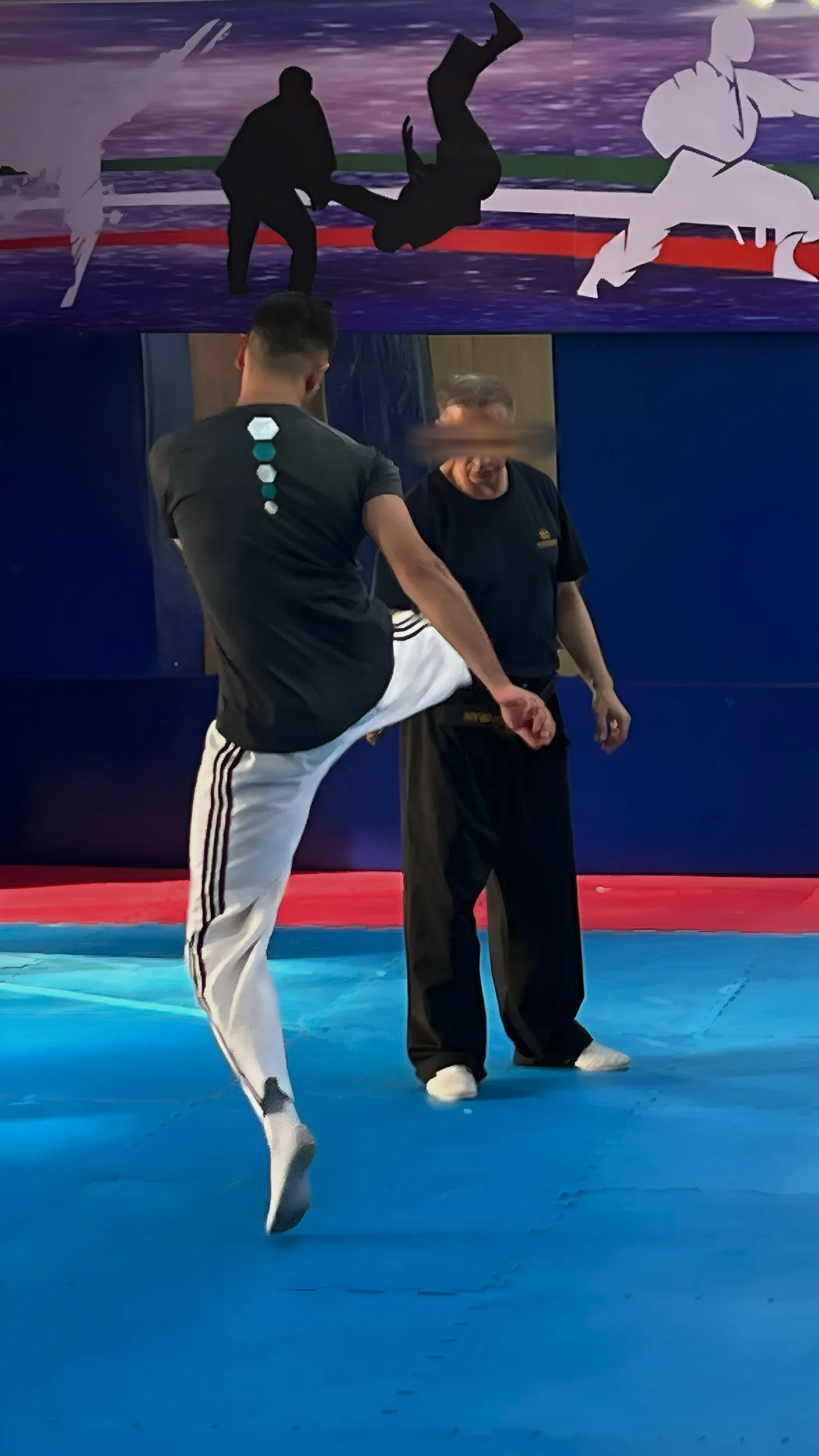 Me practising a high kick with a training partner on martial arts mats